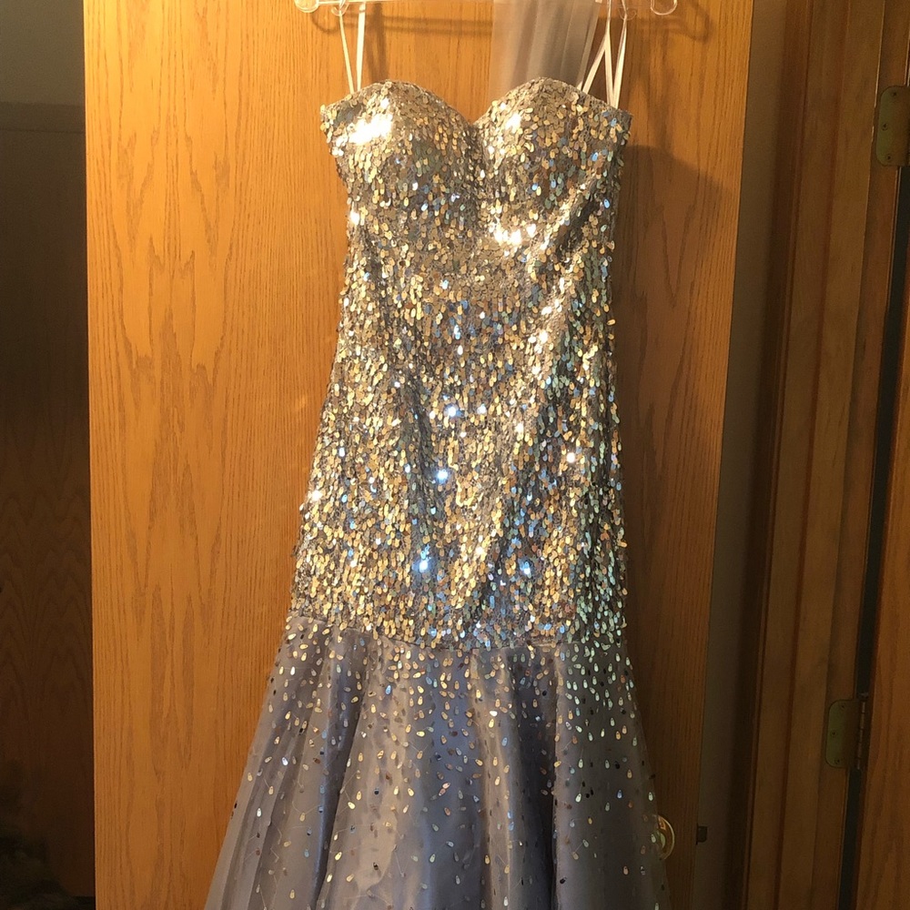 Long mermaid-style silver and sequin gown